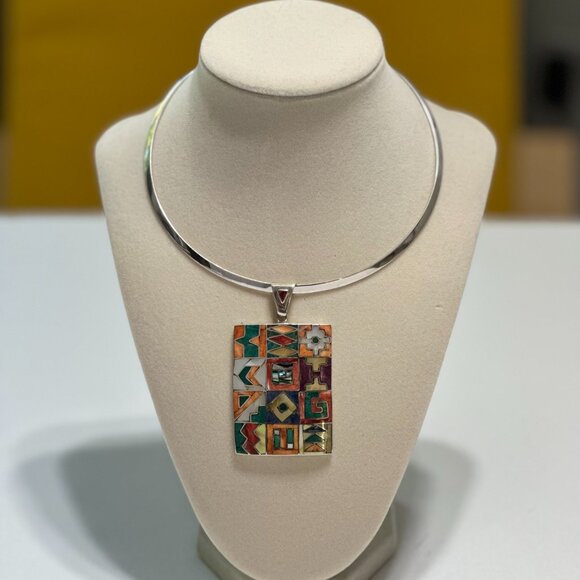 Peruvian 950 Sterling Silver Pendant | Rectangular Mosaic Inlay | Natural Stones - Picture 10 of 12